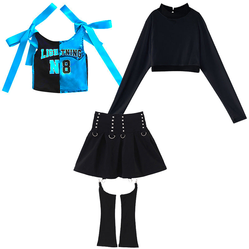 Girls' Blue Shiny Jazz Dance Costume Hip Hop Street Dance Outfits for Kids Rapper Singer Gogo Dancers Model Catwalk Suit