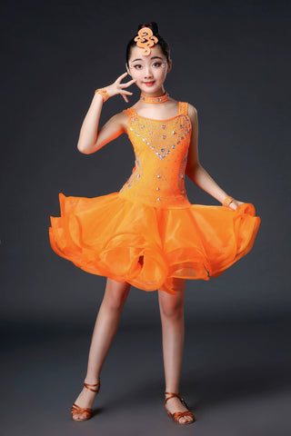 Competition Latin Dance Dresses for Kids Girls Orange White Red Neon Green Rhinestones Competition Grade Salsa Chacha Party Performance Outfits for Kids