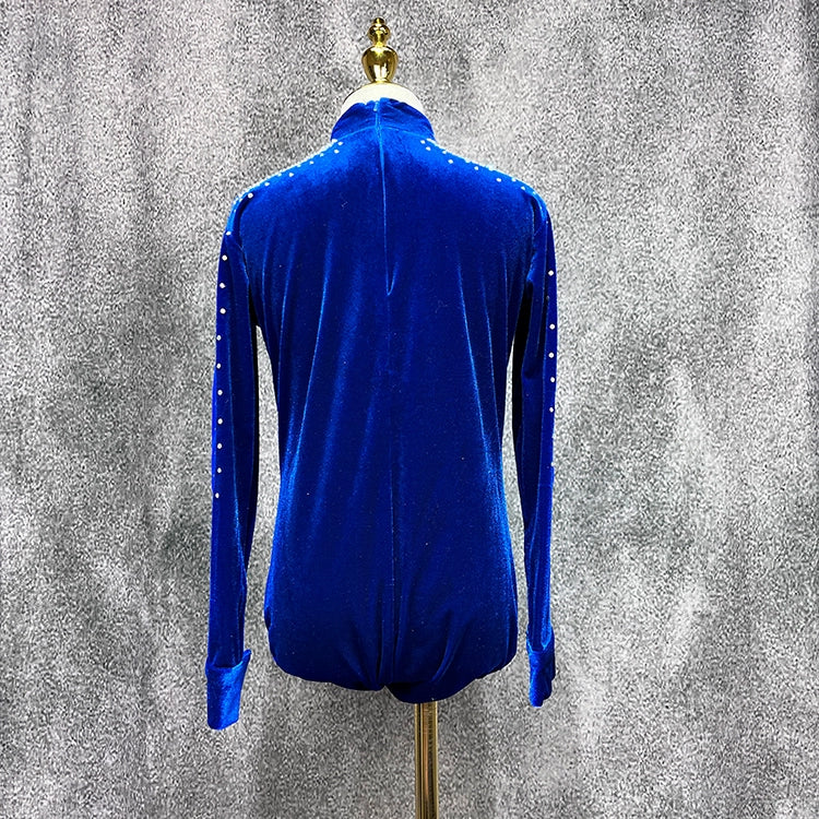 Children Boys Royal Blue Velvet Latin Dance Shirts Kids Rhinestones Turtle Neck Ballroom Latin Dance Competition Leotard Tops