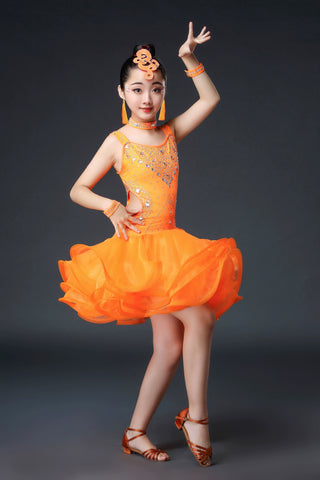 Competition Latin Dance Dresses for Kids Girls Orange White Red Neon Green Rhinestones Competition Grade Salsa Chacha Party Performance Outfits for Kids