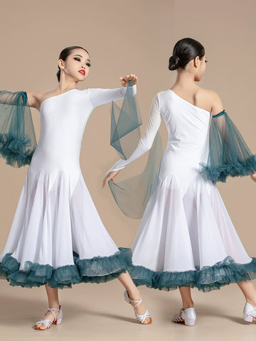 White with Blue Slant Neck Ballroom Dance Dresses for Girls Kids Competition Ballroom Tango Waltz with Float Art Test Training Uniforms