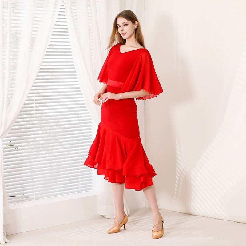 Long Latin Dance Dress for Women Red Modern Ruffles Sleeves Ballroom Dance Costume Waltz Tango Performance Clothes for Female