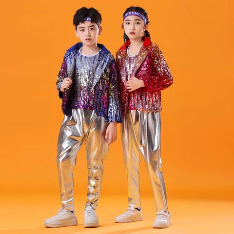 Children's Red Blue Sequin Jazz Dance Costumes for Boys Girls Kids Hip Hop Rapper Singer Gogo Dancers Dance Outfits Street Dance Catwalk Clothing