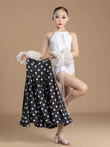 White Lace Polka Dot National Ballroom Dance Dresses for Kids Girls Competition Waltz Tango Party Performance Skirts