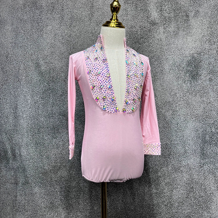 Custom Size Pink Rhinestones Boys Latin Dance Shirts Salsa Ballroom Flower Costume Competition Performance Top for Kids