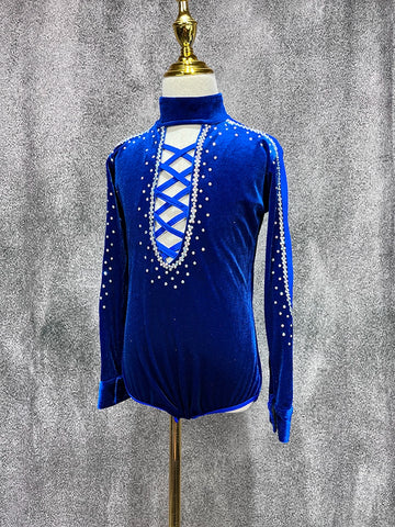 Children Boys Royal Blue Velvet Latin Dance Shirts Kids Rhinestones Turtle Neck Ballroom Latin Dance Competition Leotard Tops