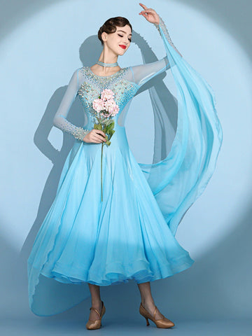 Custom size blue gemstones ballroom competition dresses for women girls children waltz tango foxtrot senior dance performance gown