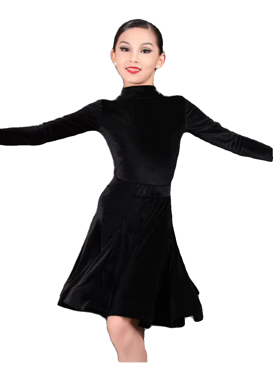 Girls Kids Latin Dance Dresses Black Royal Blue Turtleneck Velvet Long Sleeves Fishbone Ballroom Latin Salsa Training Practice Dance Competition Uniform