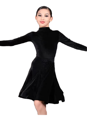 Girls Kids Latin Dance Dresses Black Royal Blue Turtleneck Velvet Long Sleeves Fishbone Ballroom Latin Salsa Training Practice Dance Competition Uniform