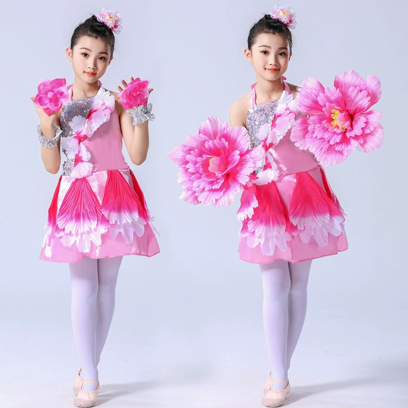 Girls Pink petals jazz dance dresses choir opening choir performance peony blossom performance outfits tutu skirts for kids