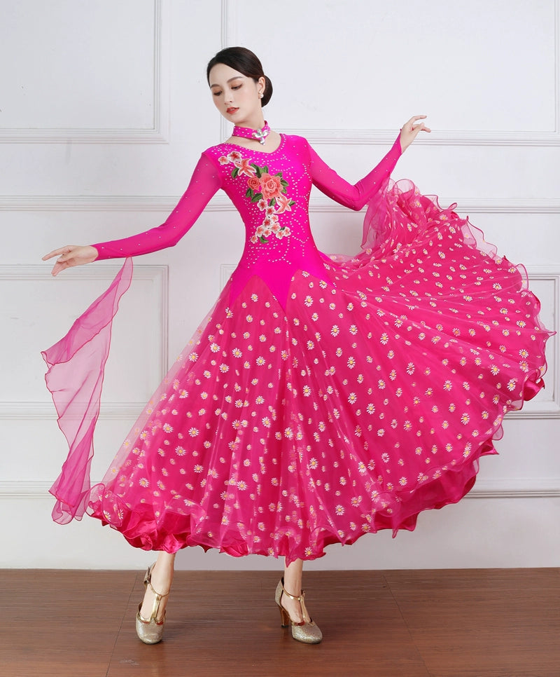 Custom Size Flowers Fuchsia Ballroom Dance Dresses for Women Girls Rhinestones Waltz Tango Rhythm Smooth Dance Long Swing Skirts