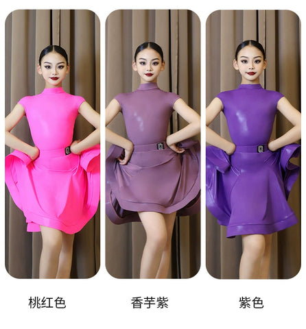 Latin Dance Dresses for Girls Purple Blue Pink Green Sleeveless Competition Costumes for Children Ballroom Salsa Rumba Chacha Dance Outfits for Kids