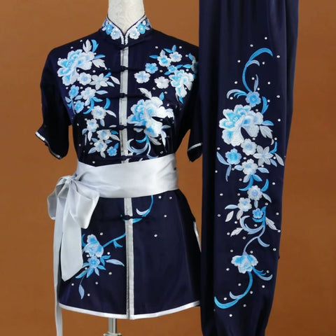 Custom size competition tai chi Wushu uniforms embroidered flower team martial art changquan performance cclothes for adult kids