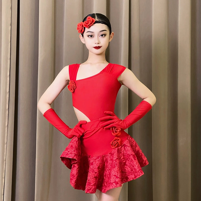 Red Slant Neck Lace Latin Dance Dresses for Girls Kids Children's Salsa Rumba Chacha Ballroom Professional Practice Costumes for Girl