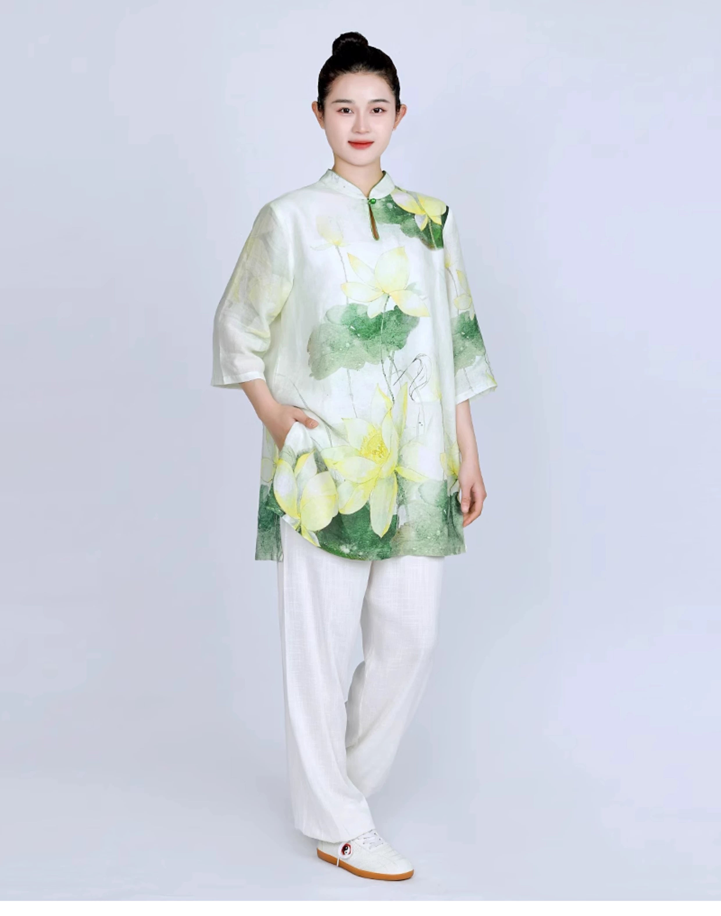 Tai Chi clothing for women green lotus linen breathable wushu martial art chinese kung fu morning exercises performance uniform for female