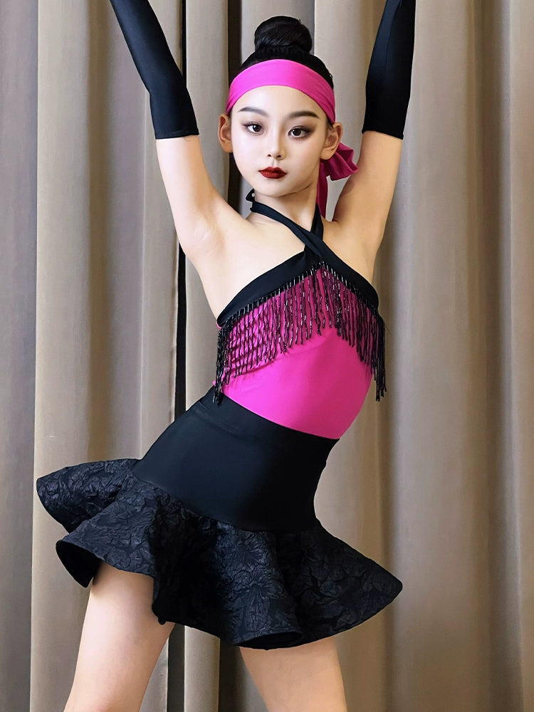 Black with fuchsia fringe Latin dance dresses for kids girls salsa ballroom latin dance practice suit