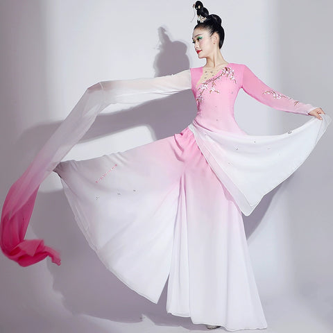 Pink gradient Chinese folk Classical dance costumes for women girls water sleeves jinghong art test dance hanfu fairy dress