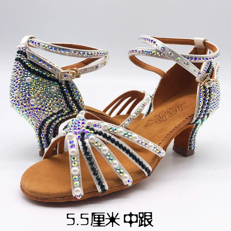 Women White Latin Dance Shoes Sparkling Handmade Rhinestones Soft Sole Indoor Style Ballroom Tango Waltz National Standard Dance Shoes