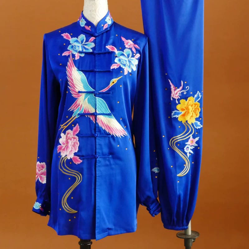 Custom size blue competition tai chi clothing for women wushu martial art Taijiquan clothes embroidered crane performance uniforms