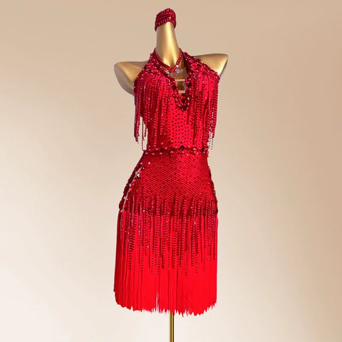 Custom Size Red Fringe Bling Competition Latin Dance Dresses for Women Girls Black Pool Salsa Rumba Chacha Performance Outfits