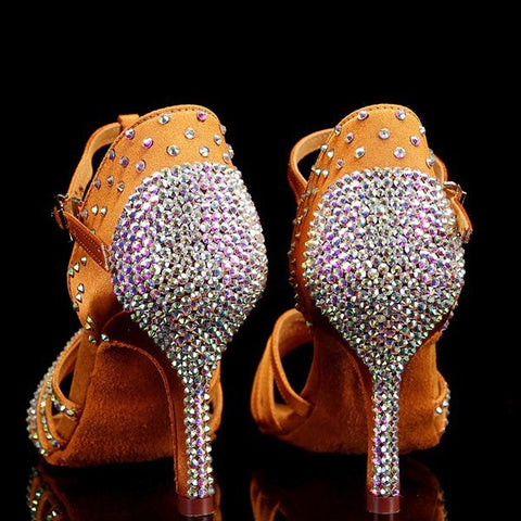 Rhinestones Competition Latin Dance Shoes for Women Girls Indoor Style Soft Soles Waltz Tango Cha Cha Jive Dancing Sandals 8cm Heel