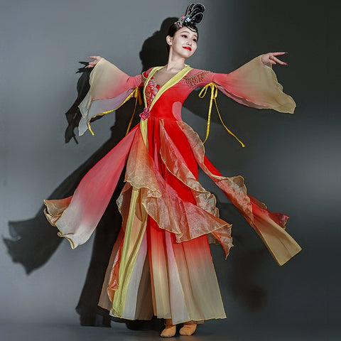 Red Chinese folk Classical dance costumes women ancient fairy empress han tang dance dresses flowing sleeves hanfu