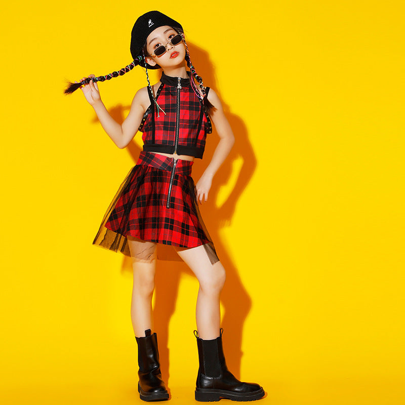 Children Red plaid street hip-hop jazz dance costume group band gogo dancers rapper singers dance outfits model show catwalk clothes for kids