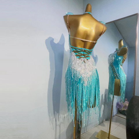 Custom Size Turquoise Bling Fringe Competition Latin Dance Dresses for Girls Women Professional Art Examination Latin Salsa Chacha Dance Costumes