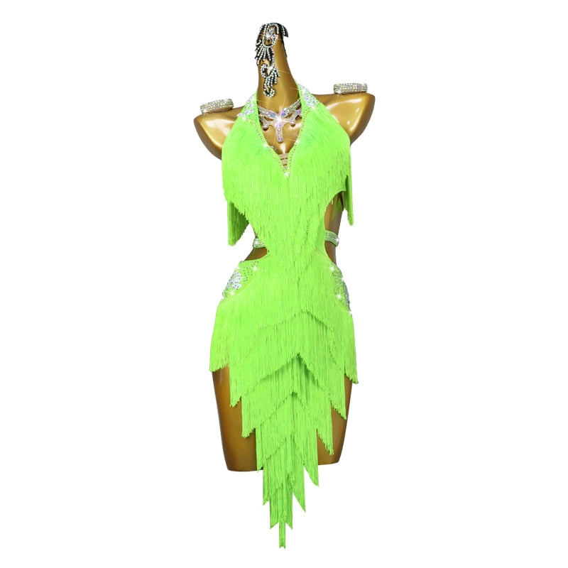 Fluorescent Green Fringe Competition Latin Dance Dresses for Women Girls Irregular Tassels Skirts Salsa Rumba Chacha Samba Solo Flower Dance Costumes Art Test