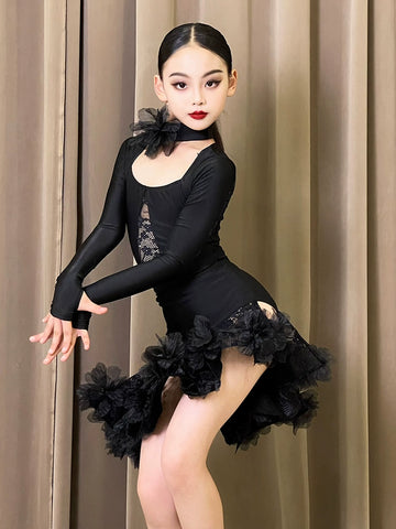 Girls Black lace rose flower Latin dance dresses for kids children girls ballroom salsa rumba chacha performance suit