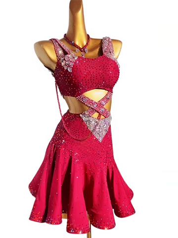 Custom Size Wine Rhinestones Competition Latin Dance Dresses for Women Girls Salsa Rumba Chacha Dance Performance Outfits Solo Dance Wear