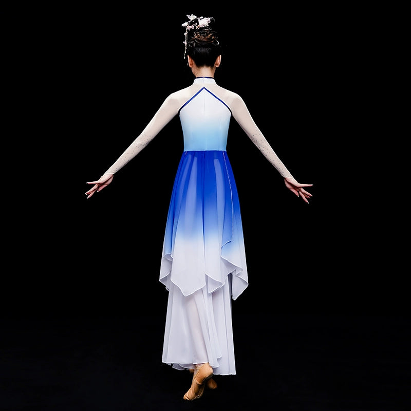 Chinese folk Classical Dance Costume for women girls Elegant  Blue fan umbrella Yangge Dance Costume Solo Dance wear hanfu