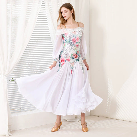 White Floral Ballroom Dance Dresses for Women Girls Waltz Tango Flamenco Dew Shoulder Dancing Long Gown for Female