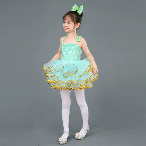 Children's Green Flowers Jazz Dance Dresses Ballet Tutu Skirts Birthday Party Ball Gown Girls Fancy Princess Dress for Kids