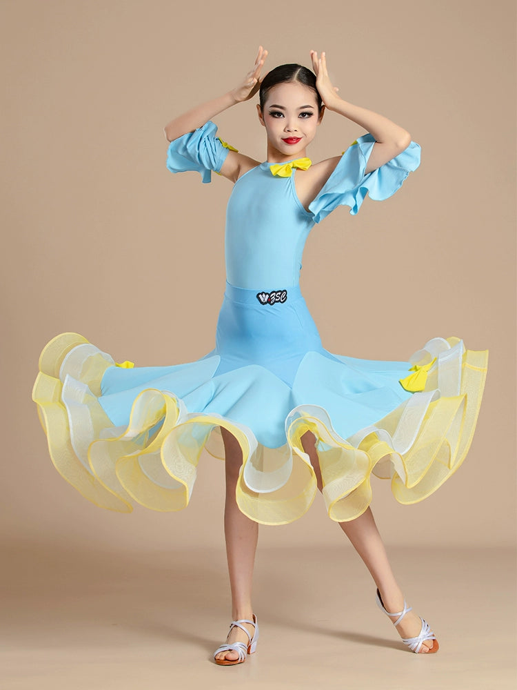 Blue with Yellow Modern National Ballroom Dance Dresses for Girls Kids Children's Waltz Professional Competition Practice Outfits for Children