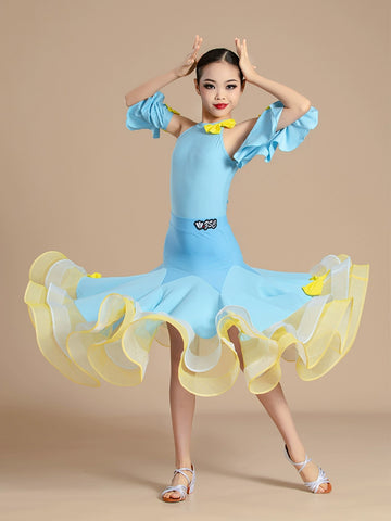 Blue with Yellow Modern National Ballroom Dance Dresses for Girls Kids Children's Waltz Professional Competition Practice Outfits for Children