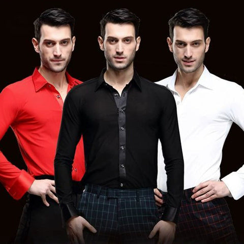 Men's Red White Black Latin Dance Shirt Long Sleeves Turn Down Collar National Standard Salsa Chacha Rumba Social Dance Performance Tops