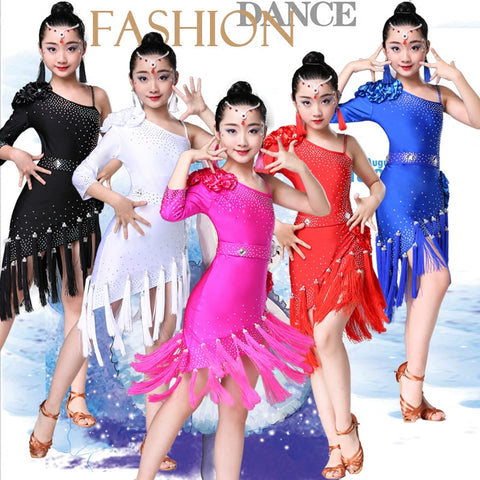 Children's Competition latin dance dresses blue pink red white slant one shoulder Latin dance performance costumes chacha rumba salsa dance outfits