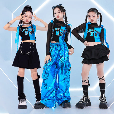 Girls' Blue Shiny Jazz Dance Costume Hip Hop Street Dance Outfits for Kids Rapper Singer Gogo Dancers Model Catwalk Suit