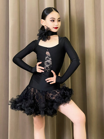 Girls Black lace rose flower Latin dance dresses for kids children girls ballroom salsa rumba chacha performance suit