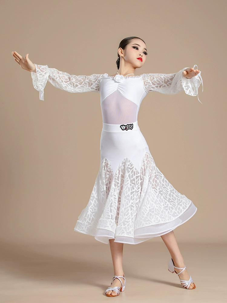 White Lace Competition Modern National Ballroom Dance Dresses for Girls Kids Dew Shoulder Waltz Tango Art Test Performance Costumes