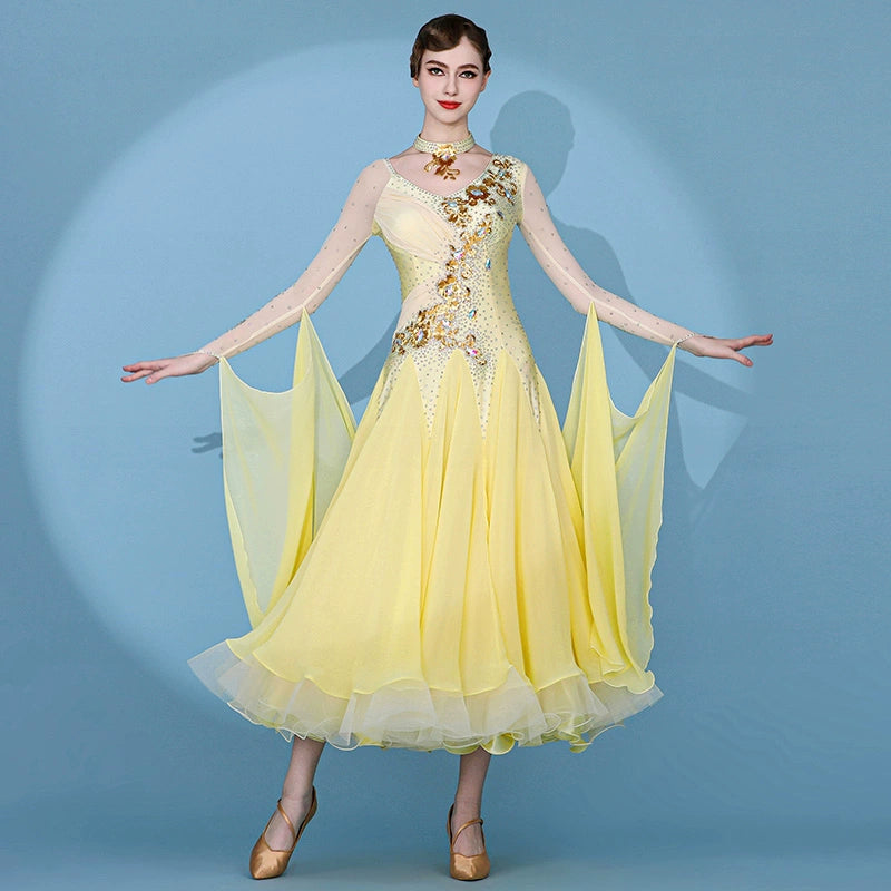 Custom size yellow competition ballroom dance dresses for women girls kids gemstones senior waltz tango foxtrot smooth dance gown