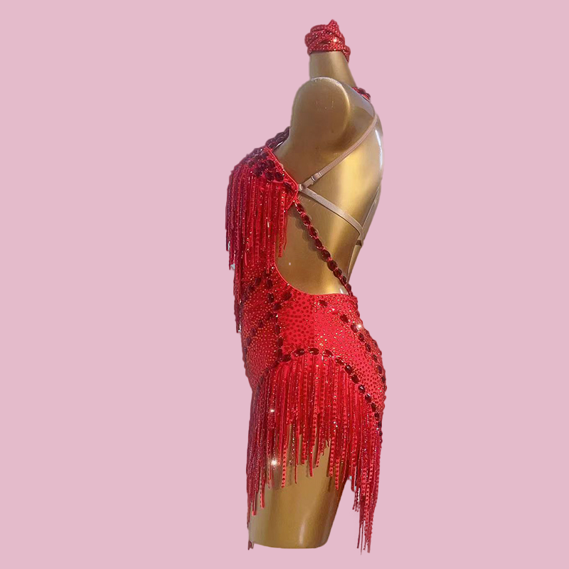 Custom Size Red Rhinestones Fringe Latin Dance Competition Dresses for Women Girls Kids Professional Art Test Dance Salsa Rumba Chacha Performance Outfits