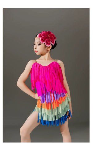 Children rainbow fringe competition Latin dance dresses kids girls ballroom salsa rumba chacha  performance clothes