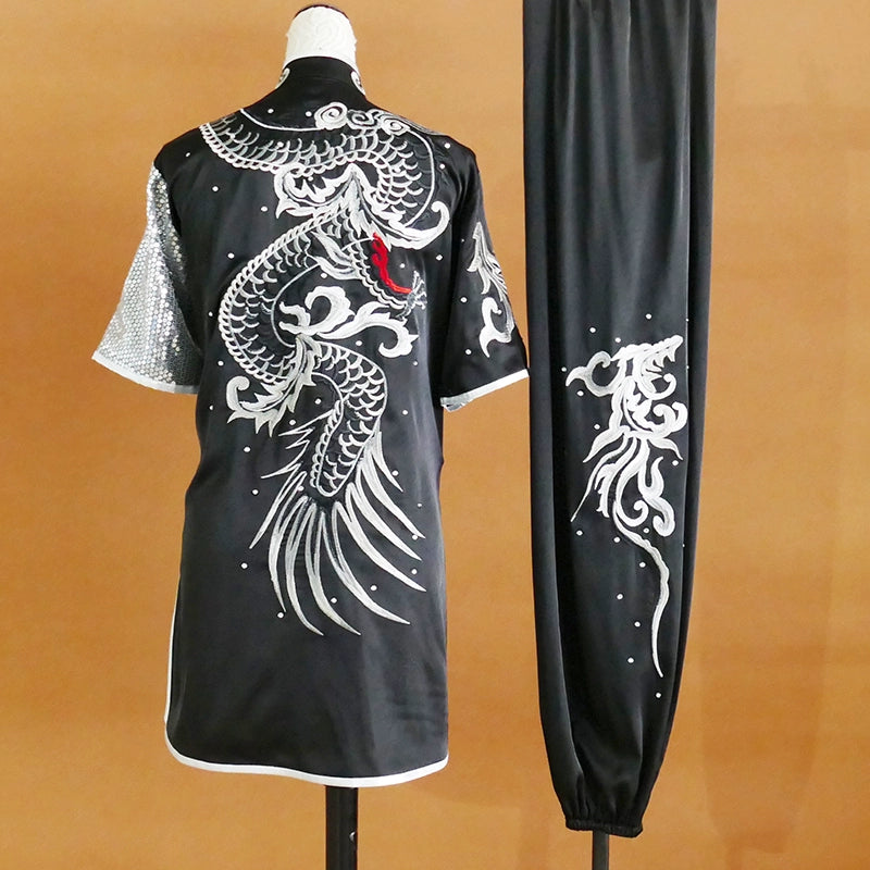 Custom Size Black with White Embroidery Dragon Competition Tai Chi Clothing for Adult Kids Wushu Martial Art Exam Chinese Kung Fu Uniforms