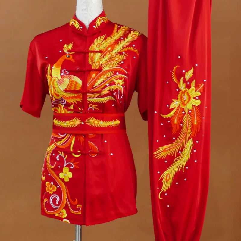 Customized size Embroidered Phoenix Competition Chinese Kungfu uniforms wushu performance Taichi clothing Changquan Nanquan Suit for adult kids