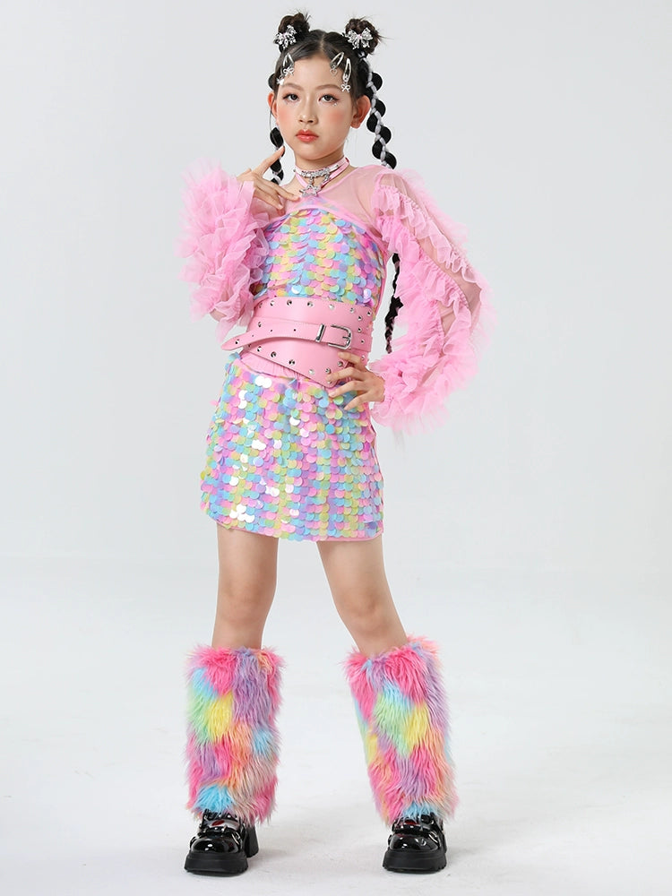 Rainbow Sequined Jazz Dance Costumes for Girls Kids Model Runway Catwalk Clothes Festival Party Dress Up Photos Shooting Outfits