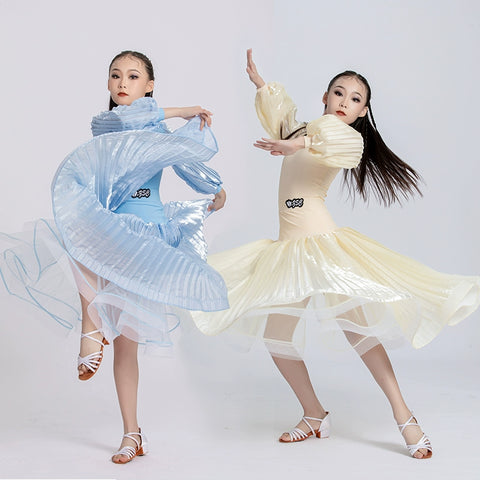 Light blue Yellow Ballroom Dance dresses for kids girls professional national waltz foxtrot smooth dance long gown for Children