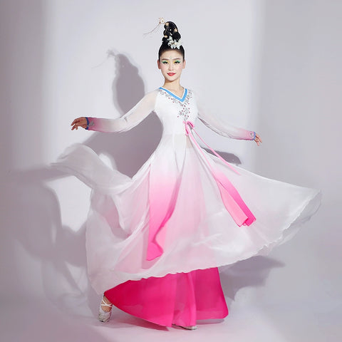 Pink green gradient chinese folk dance costumes women ancient traditional classical dance performance dresses female fairy hanfu