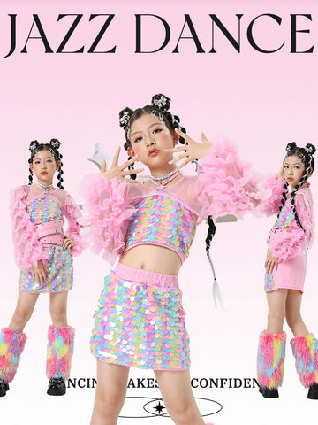 Rainbow Sequined Jazz Dance Costumes for Girls Kids Model Runway Catwalk Clothes Festival Party Dress Up Photos Shooting Outfits